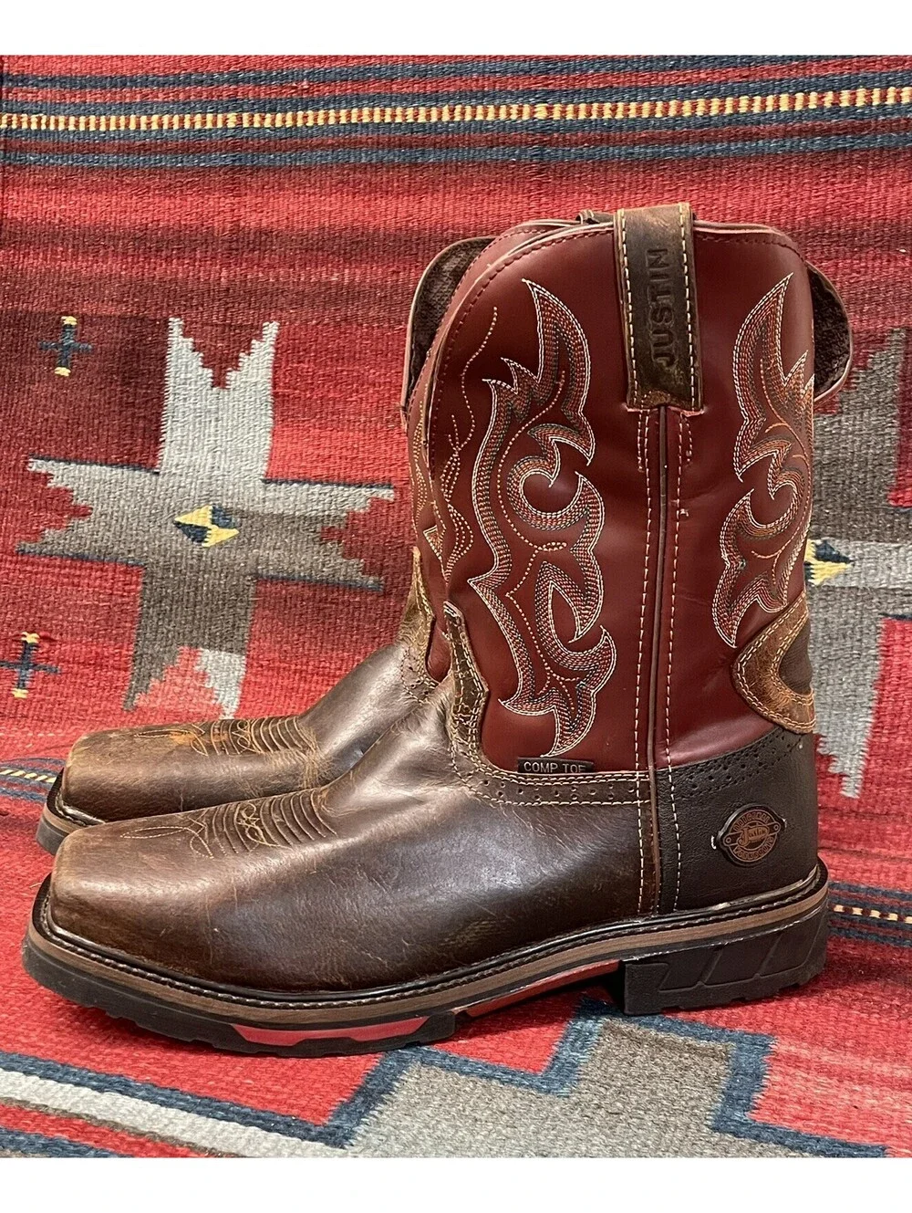 Justin Comp Toe Leather Western Work Boots  Men's 11 WK4643 Burgundy/Brown/Black